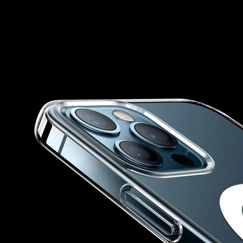 Clear magnetic hard case for iPhone showing integrated metal ring on transparent back