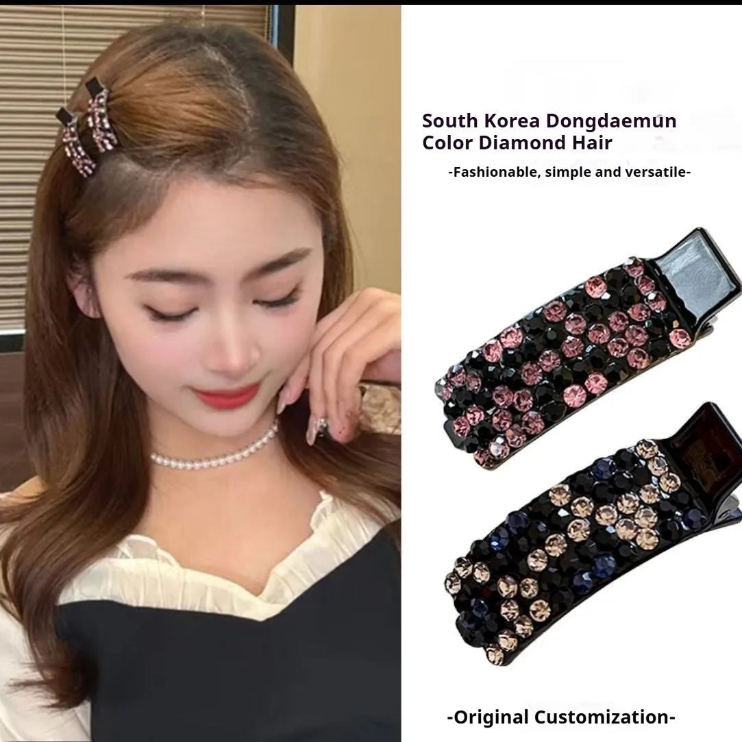 Rhinestone and imitation pearl BB hair clip in Angela red, purple, caramel, and ink blue gray for side bangs.