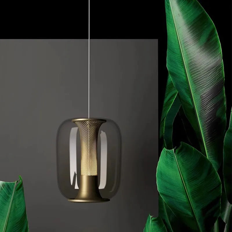 Minimalist glass chandelier in clear, cognac, or smoky grey colour, 16cm diameter.