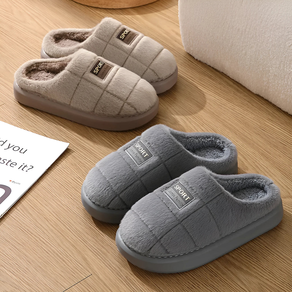 Men's grey plaid winter slippers with thick sole and rabbit hair upper.