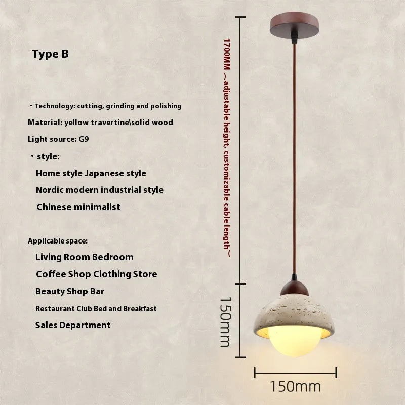Cream style wabi sabi yellow cave stone pendant light with iron body and marble shade hanging from ceiling