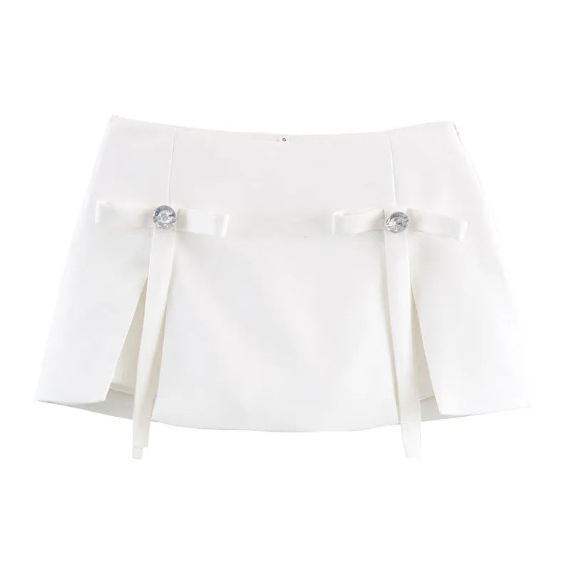 Women's bow jewellery pleated irregular short skirt pants in black Andy velvet mercerised cotton hooded style
