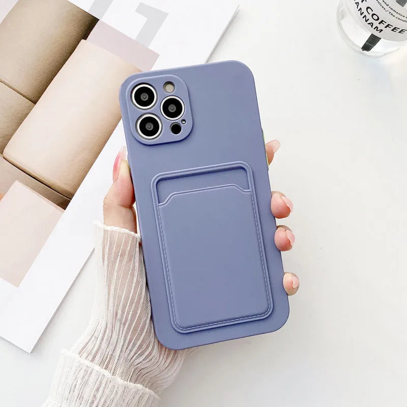 Card fine hole liquid phone case in TPU for Apple iPhone with card slot in back, black colour, simple style