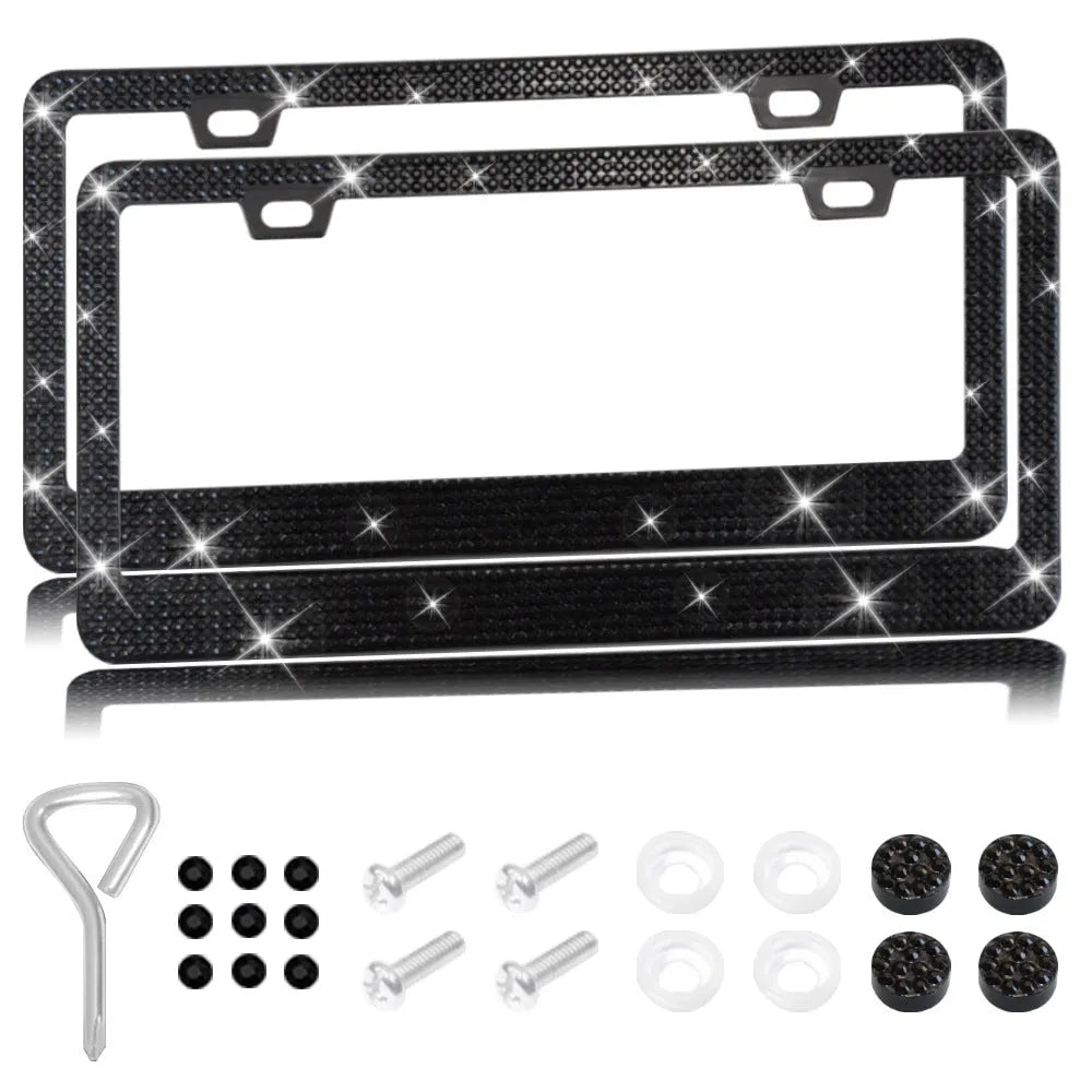 Stick-on stainless steel license plate frame with acrylic diamond crystals in a square hole pattern.