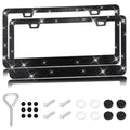 Stick-on stainless steel license plate frame with acrylic diamond crystals in a square hole pattern.