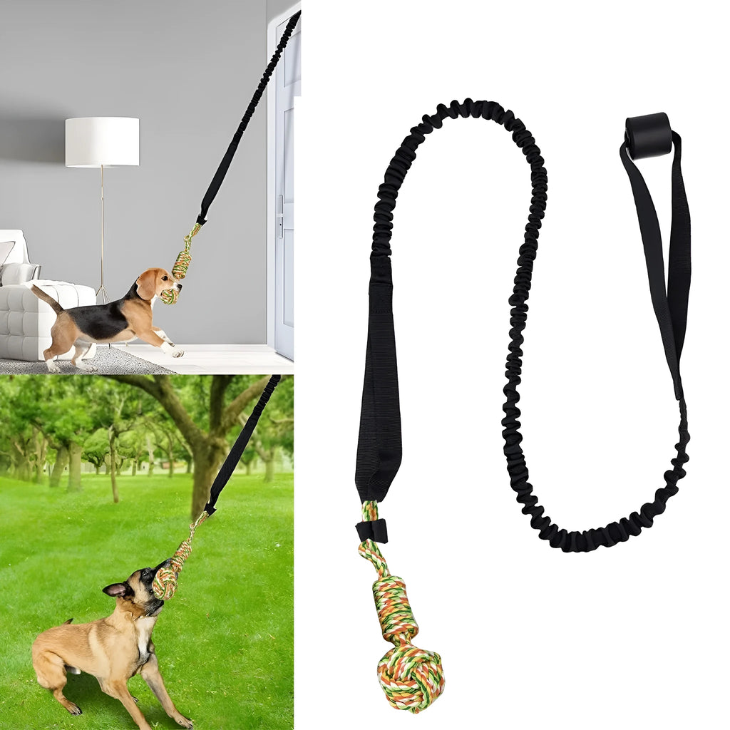 A woven cotton rope dog toy for tug of war and chewing, shown in black, grey, and red.