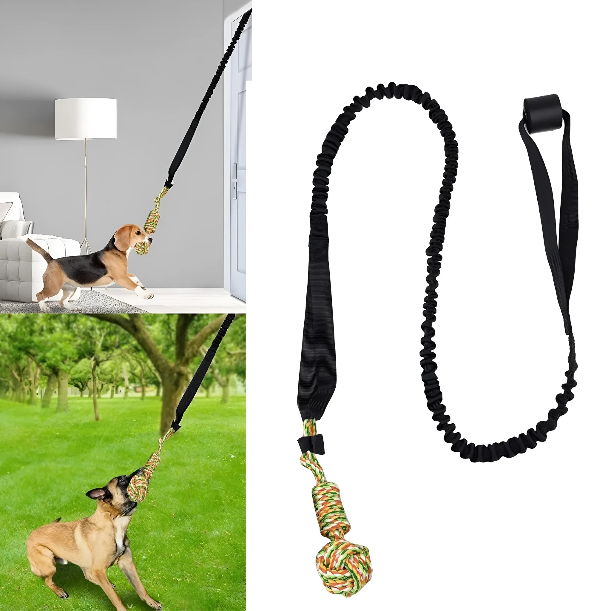A woven cotton rope dog toy for tug of war and chewing, shown in black, grey, and red.
