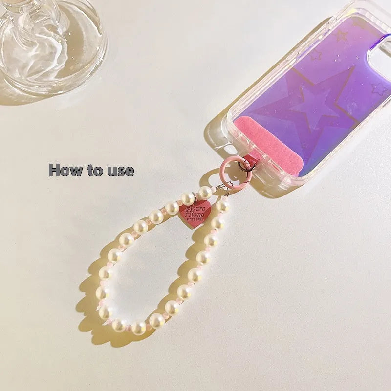 Pink pearl beaded mobile phone lanyard with crossbody long shoelace and short rope wrist strap options, small pink clip.