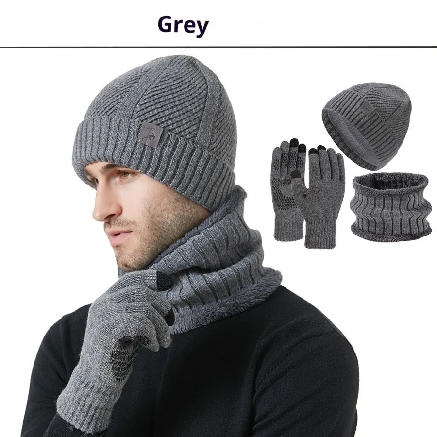 Men's wool hat scarf gloves three-piece set in gray with English letter details, casual winter style