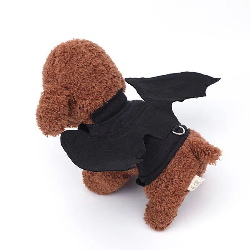 Black polyester bat wings pet costume accessory shown on dog with chest and back attachment