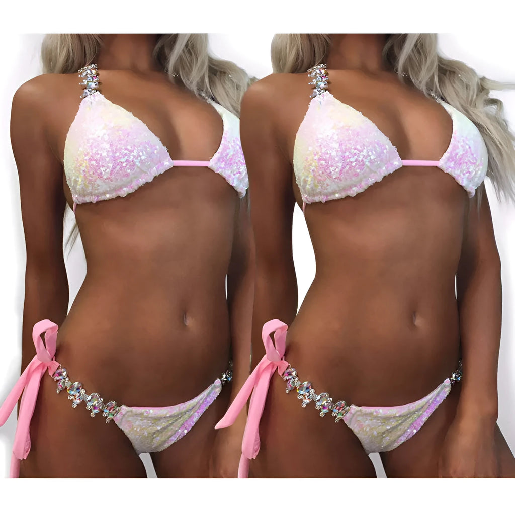 Women's pink gradient sequins rhinestone bikini set on display without steel supports