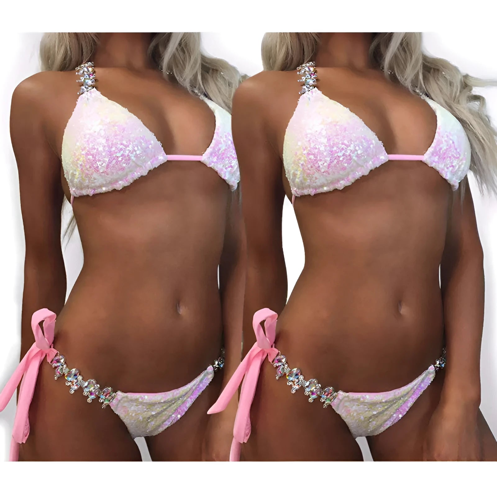 Women's pink gradient sequins rhinestone bikini set on display without steel supports