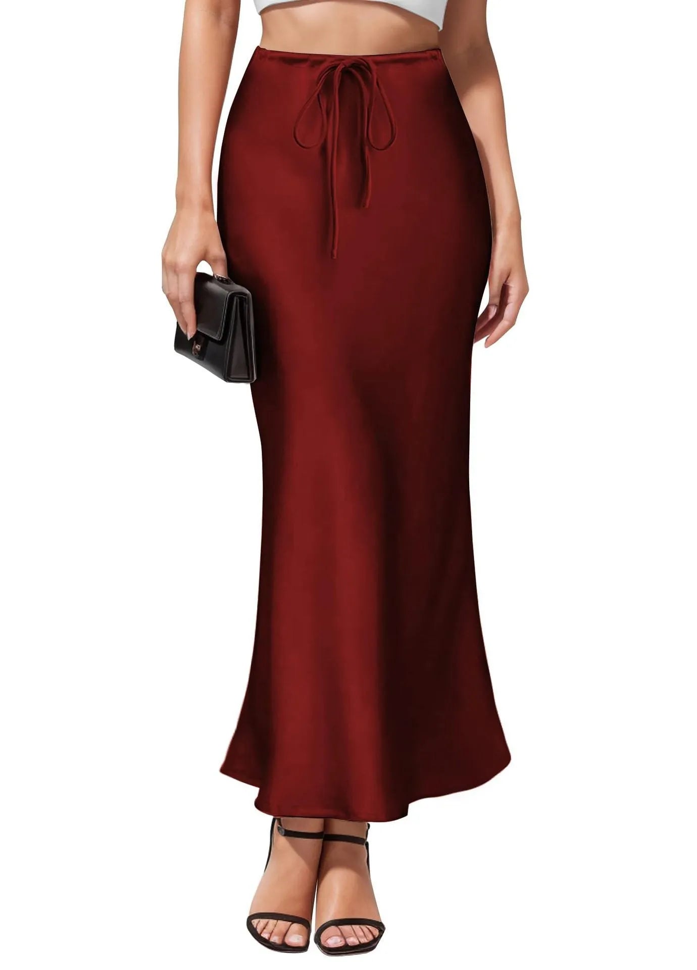 Asymmetric high-waist acetate satin skirt in multiple colours with irregular stitching detail