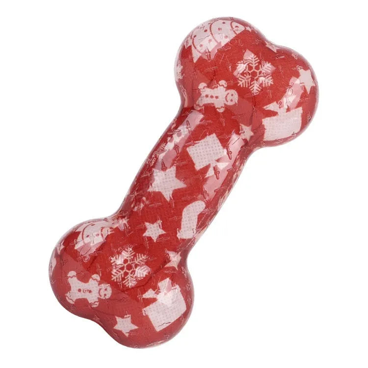 TPR material dog chew toy with printed bone design and squeaker in seasonal colours