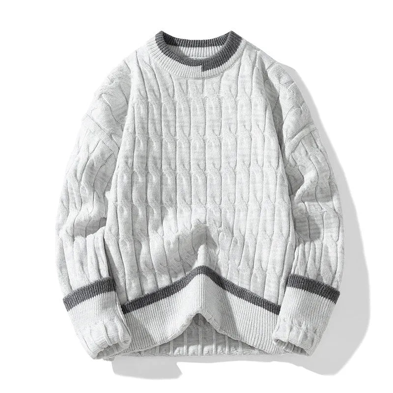 Men's loose fit modal acrylic two-piece sweater set in beige, a long sleeve pullover for autumn.