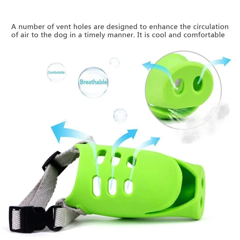 Silicone dog anti-bite mouth cover in blue and green colours showing two size options