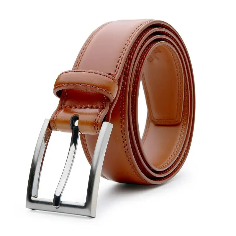 Men's brown genuine leather casual belt with alloy buckle on a plain background.
