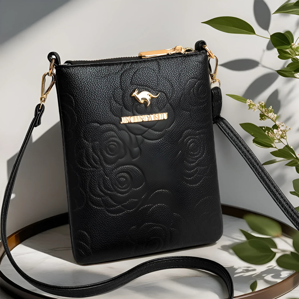 Soft black stone pattern PU women's messenger bag with a file compartment and shoulder strap.