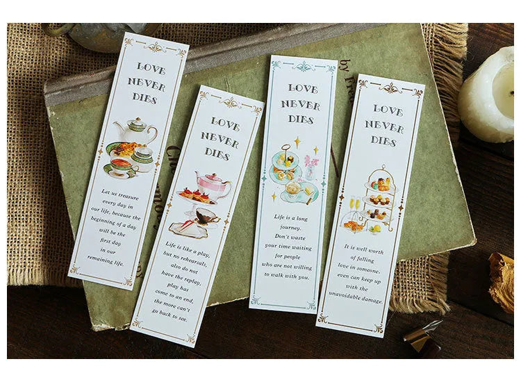 Pack of 30 thick white cardboard art bookmarks with various designs including Phantom of the Opera.