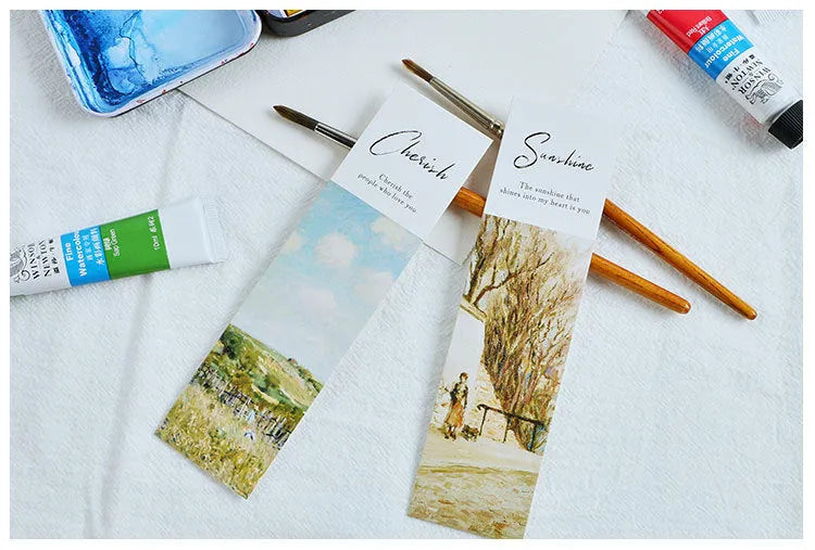 Pack of 30 thick white cardboard art bookmarks with various designs including Phantom of the Opera.