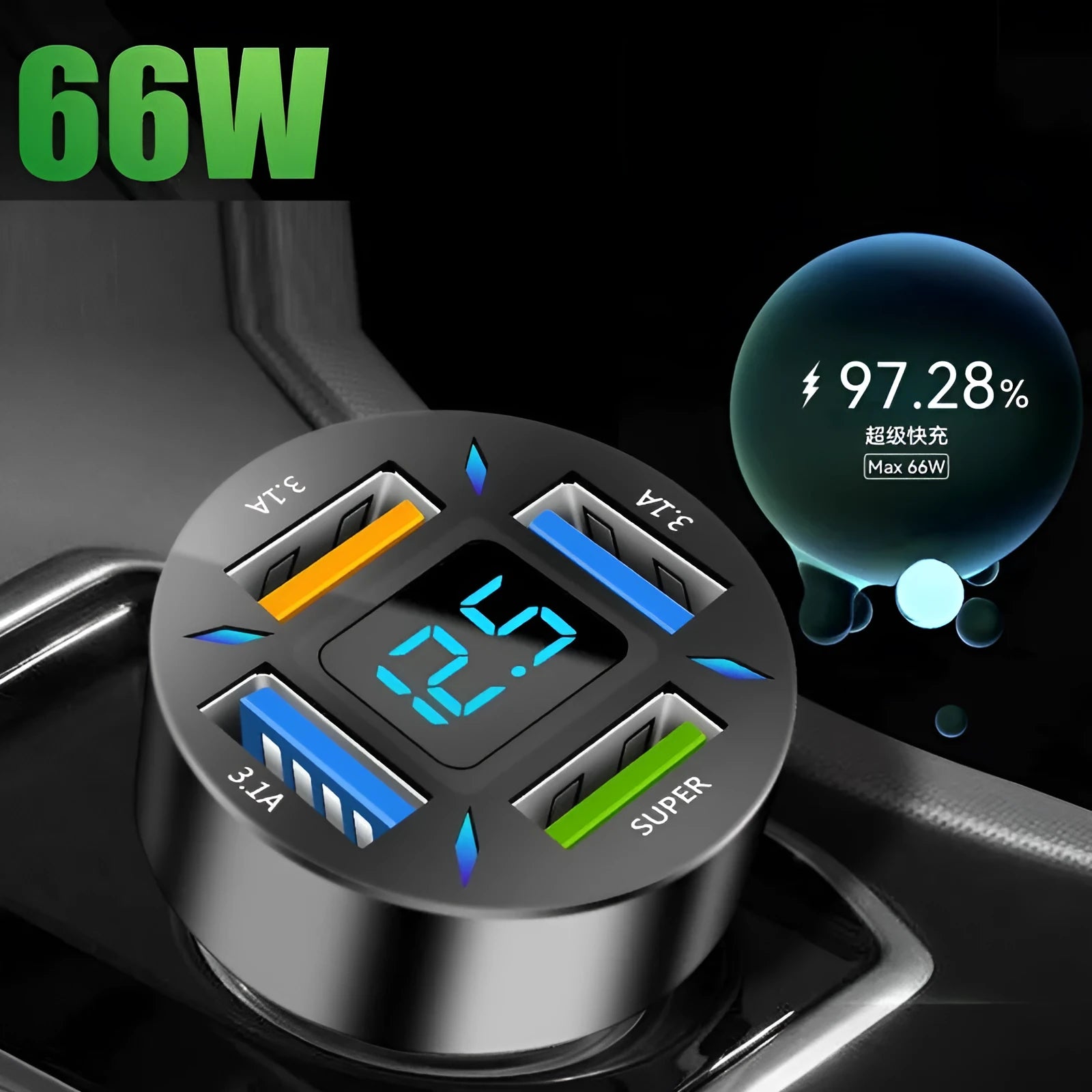 Black four-port USB car charger with LED digital display showing voltage.