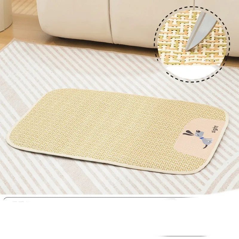 Beige woven cooling mat for cats and dogs on a wooden floor, showing size M