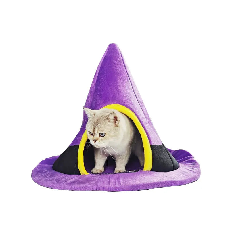Purple cloth Halloween witch hat shaped cat bed for cats, measuring 60 by 45 centimetres.