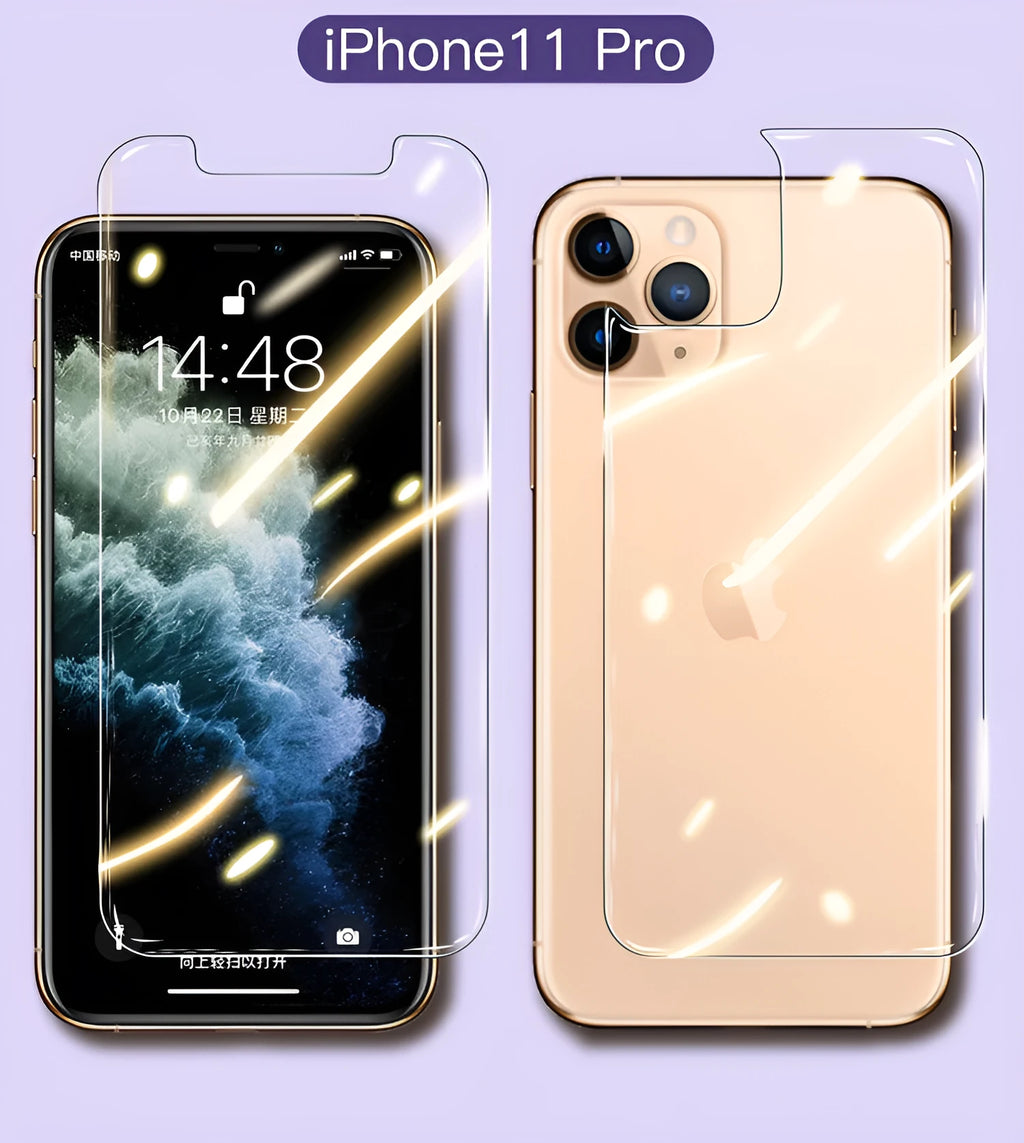 iPhone tempered glass screen protector and rear film kit with anti-fingerprint coating on a table.