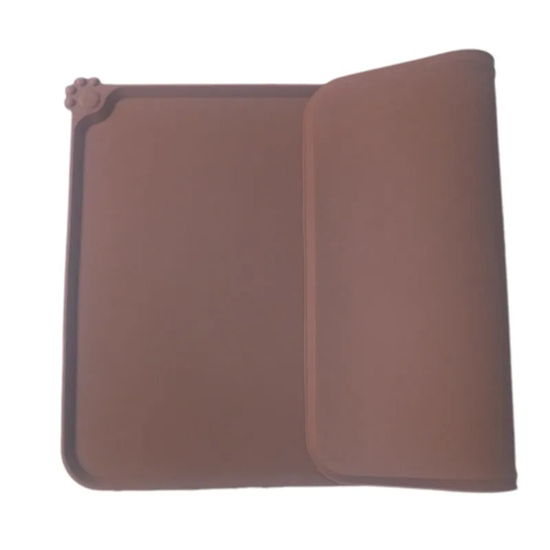 Waterproof silicone pet feeding mat in grey with non-slip base and raised edges, size 47x29.5cm