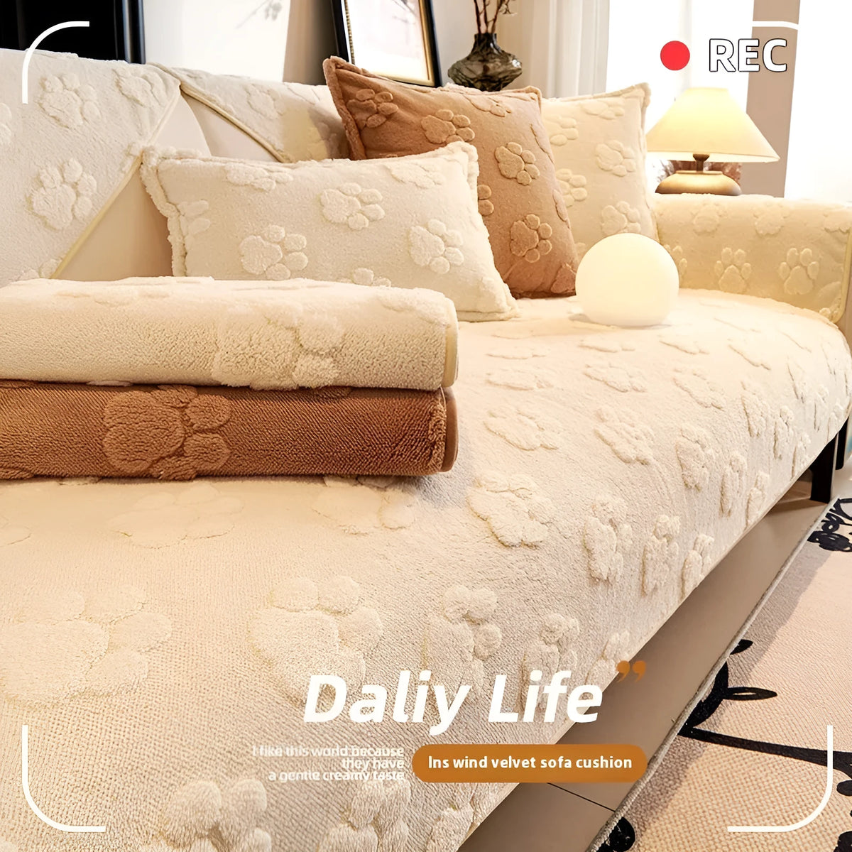 Thickened fleece non-slip sofa cushion in solid beige plush, square and rectangular sizes for sofa or dust cover use