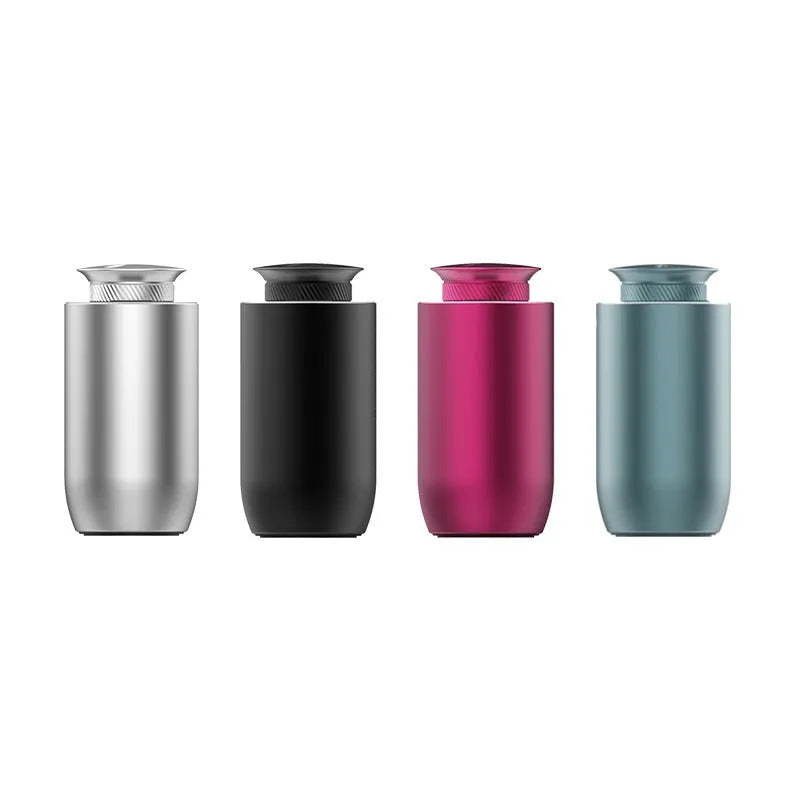 Column-shaped metal portable aroma diffuser in black, rose red, silver grey, or blue grey.