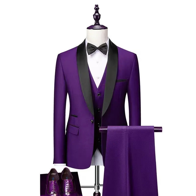 Men's three-piece polyester suit set in white, including jacket, trousers, and vest, on a hanger.