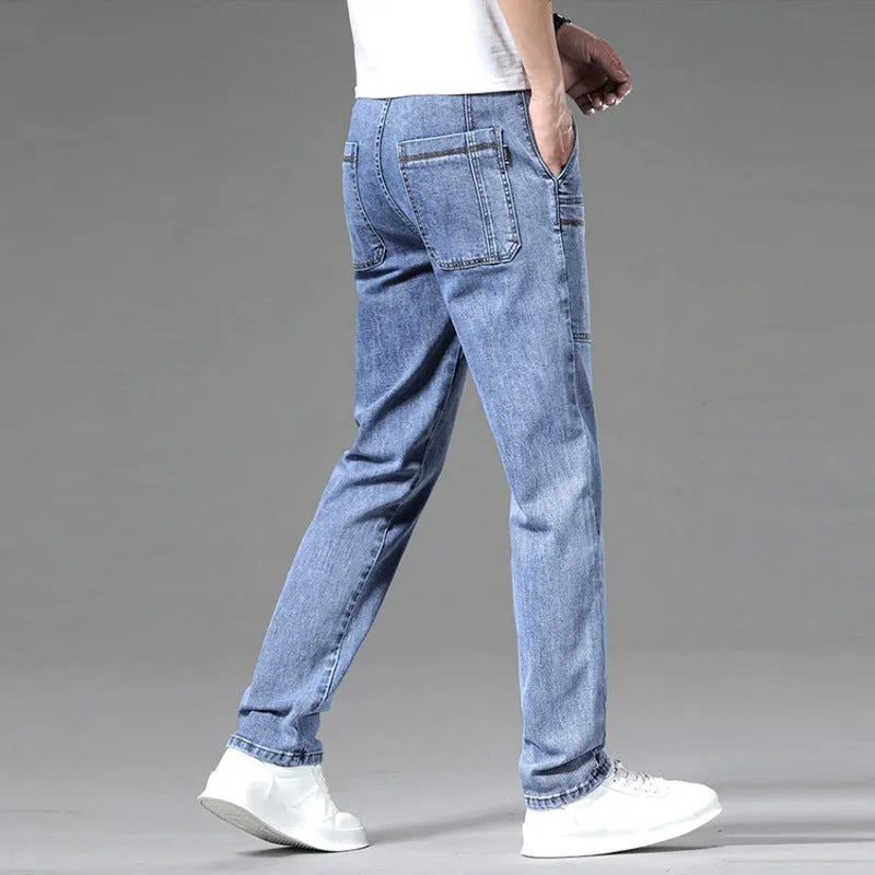 Men's straight-leg casual jeans in dark blue, showing multi pockets and mid waist fit