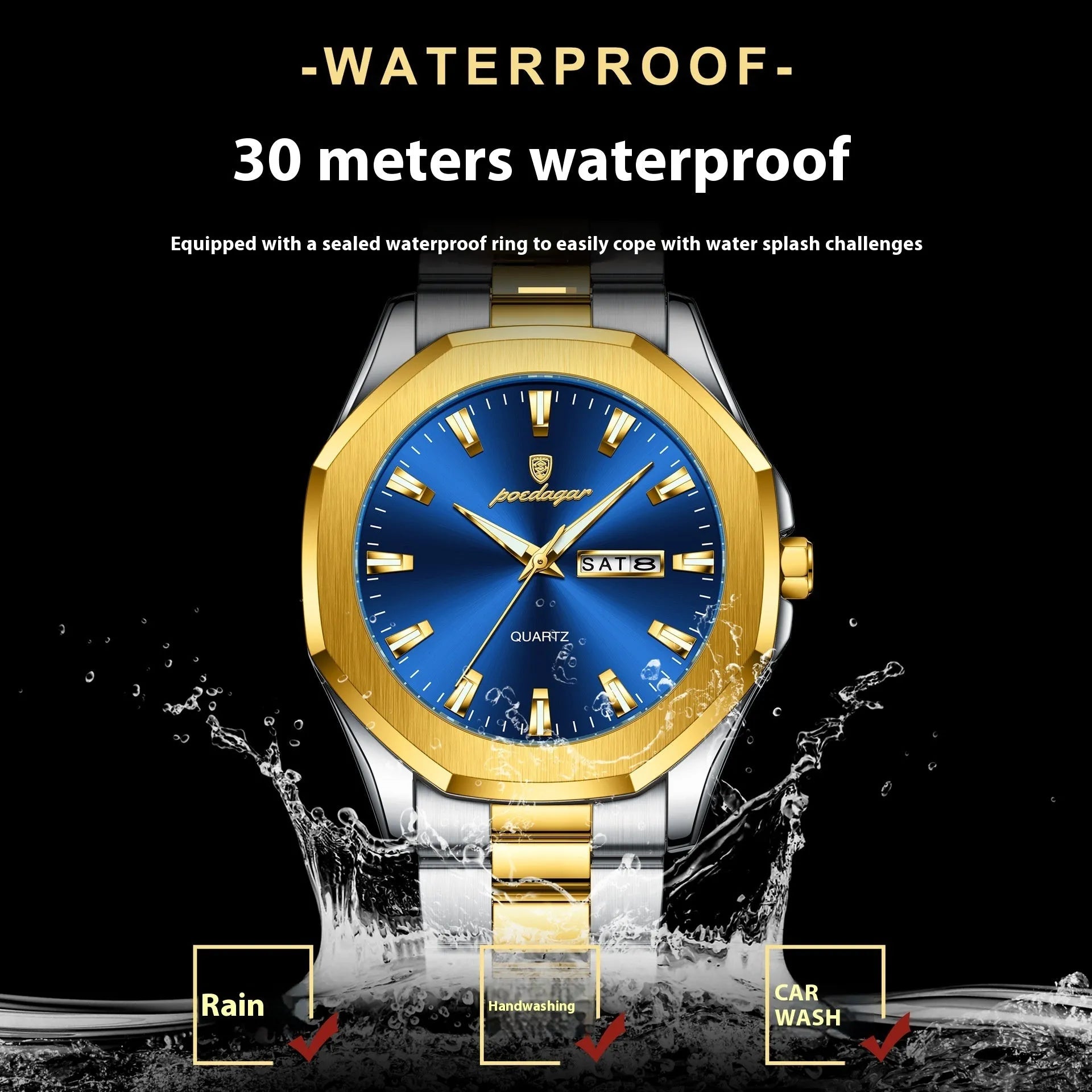 Men's quartz watch with stainless steel strap in business style with 9mm case thickness