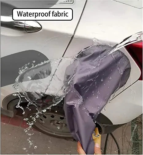 Grey waterproof drawstring cover for an outdoor electric vehicle charging unit.
