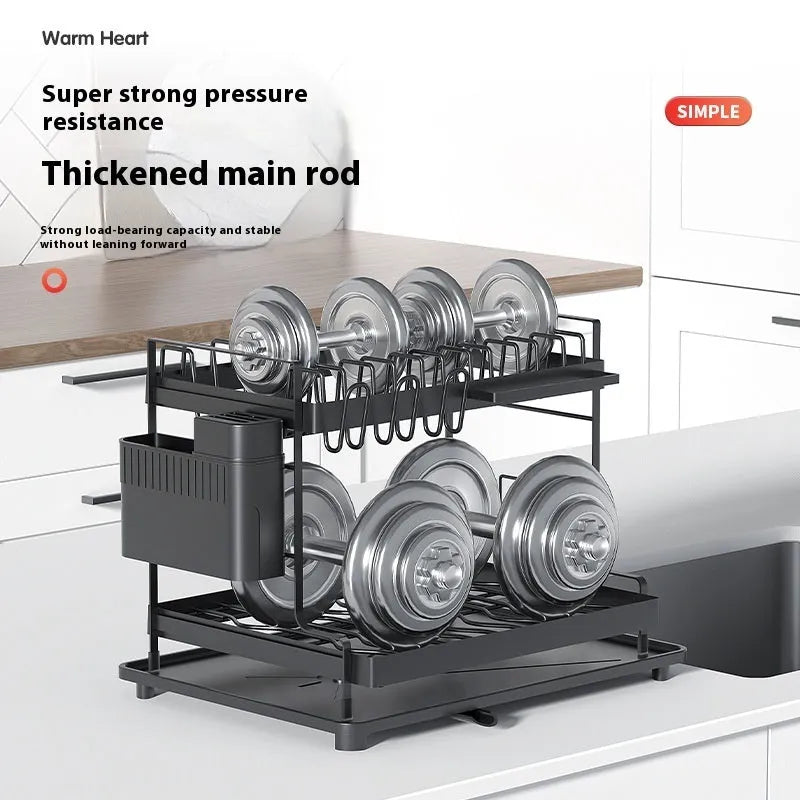 White double-layer carbon steel kitchen draining and storage rack holding plates and utensils.