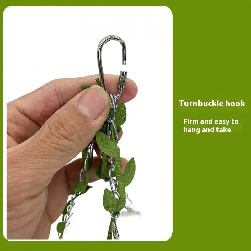 Deep forest green bird nest hammock with green leaves and swing for parrots