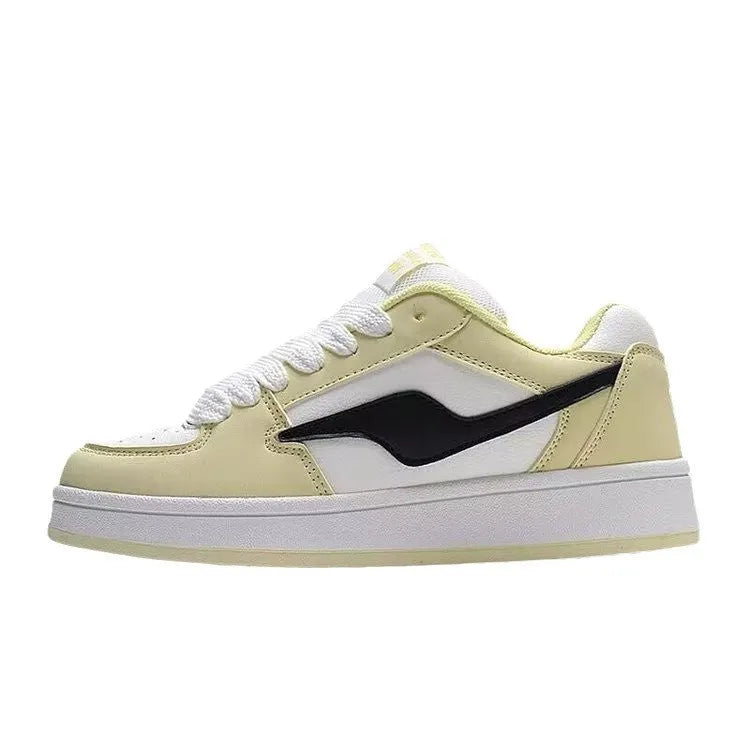 Women's low top board shoes in white yellow with mid heel 3-5cm, synthetic leather upper, rubber sole, pointed toe