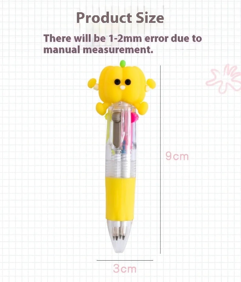 A four-colour press ballpoint pen with a random themed design on a plastic and silicone body.
