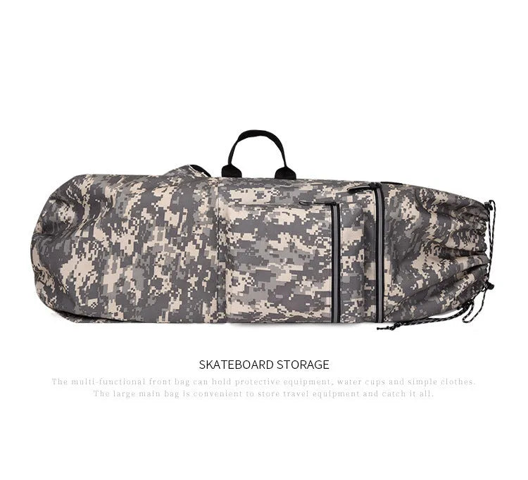 Black waterproof nylon bag for carrying a skateboard and fishing rods on a shoulder strap.