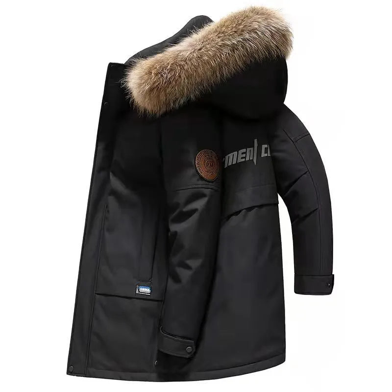 Men's hooded down jacket trench coat in black, white duck down filling, medium length polyester coat