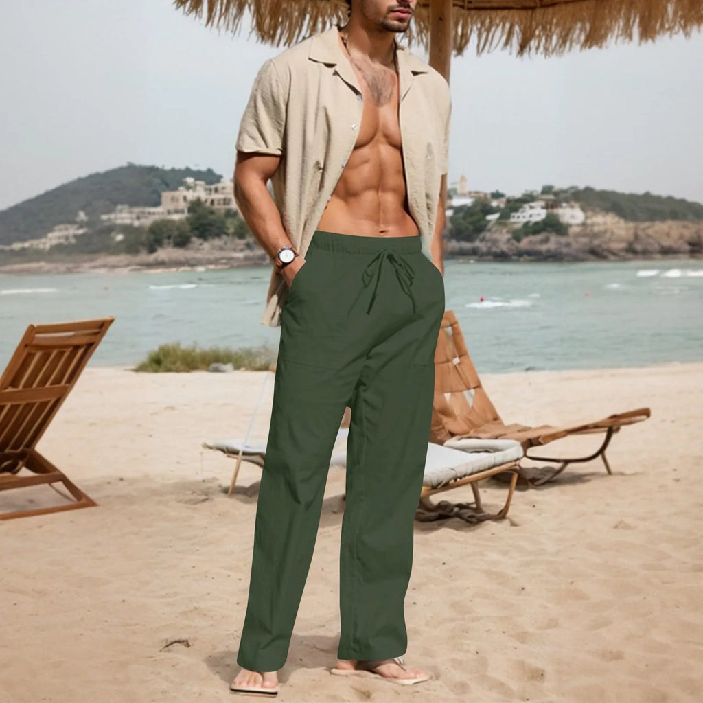 Men's straight-leg casual trousers in a cotton linen blend with a drawstring elastic waist.