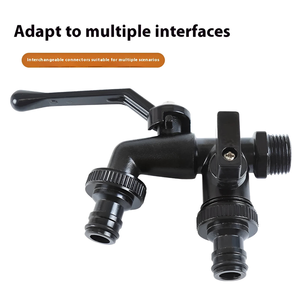 Black zinc alloy double water outlet garden nozzle faucet on white background