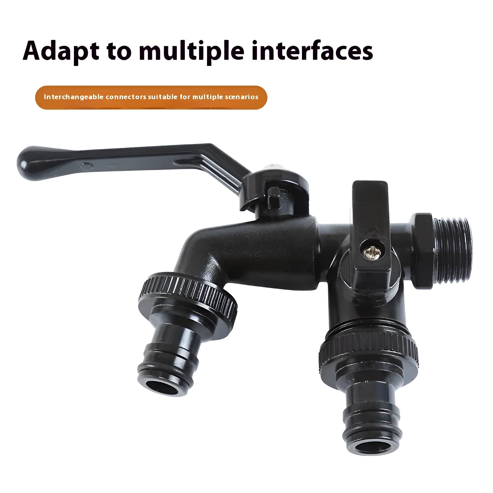 Black zinc alloy double water outlet garden nozzle faucet on white background