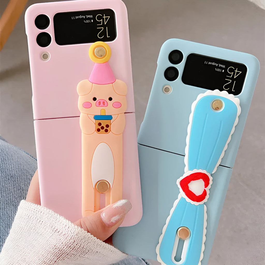 Acrylic textured drop-proof case for Samsung Galaxy Z Flip4 with cartoon wristband, pink colour