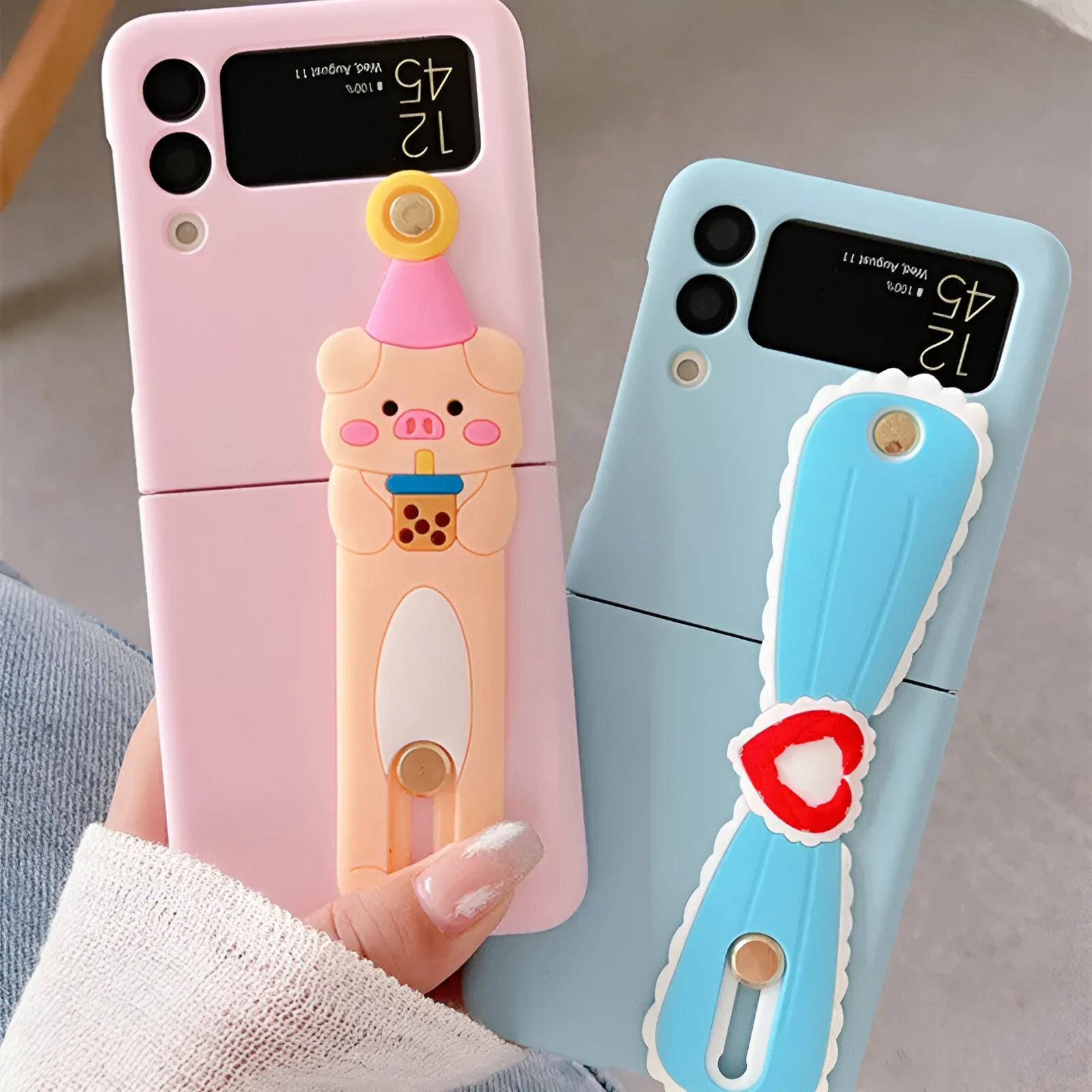 Acrylic textured drop-proof case for Samsung Galaxy Z Flip4 with cartoon wristband, pink colour