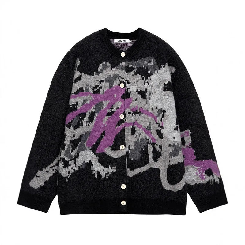 Men's graffiti colourful print round neck sweater in beige, loose fit long sleeve cotton blend top