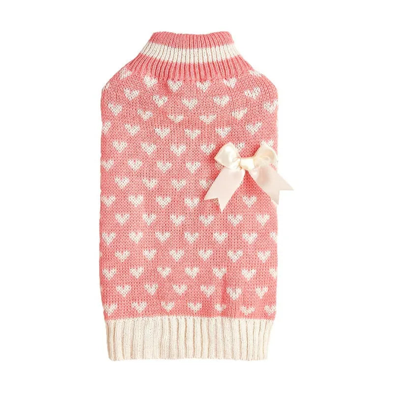 Red love heart and pink bow design dog sweater in acrylic knit pet clothing