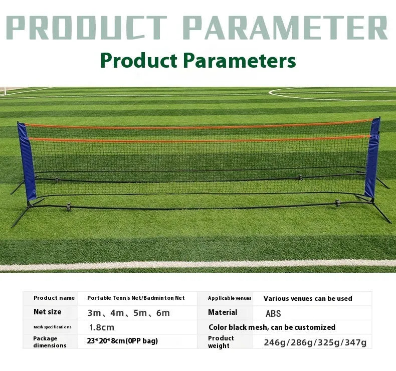 Portable folding badminton bracket and net set with white PE plastic construction showing four length options