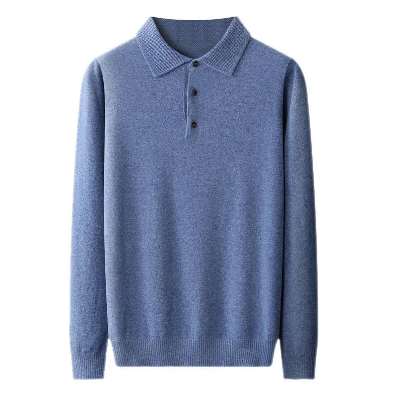 Men's grey polo collar wool blend pullover sweater on a hanger